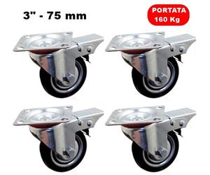 SET 4 RUOTE DA 3" - 75 mm PIROETTANTI 360° CON PIASTRA DI FISSAGGIO E FRENO