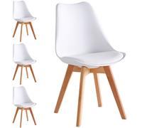 Set 4 Sedie da Pranzo Bianco Poltrona Ufficio Casa Gambe in Legno e Cuscino
