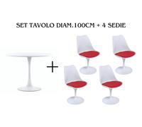 SET 4 SEDIE + TAVOLO TULIPANO D.100CM BASE E GAMBA IN METALLO TOP BIANCO LACCATO