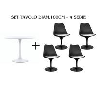 SET 4 SEDIE + TAVOLO TULIPANO D.100CM BASE E GAMBA IN METALLO TOP BIANCO LACCATO