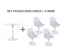 SET 4 SEDIE + TAVOLO TULIPANO D.100CM BASE E GAMBA IN METALLO TOP BIANCO LACCATO