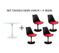 SET 4 SEDIE + TAVOLO TULIPANO D.100CM BASE E GAMBA IN METALLO TOP BIANCO LACCATO