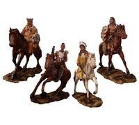 Set 4 statuette decorative "Indiani a cavallo" da collezione in poliresina dipinte a mano H.12 cm, Riproduzione dei nativi americani dell'America del nord, curate nei minimi dettagli