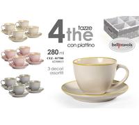 SET 4 TAZZE Tè CON 4 PIATTINI TAZZA TONDA THE TE TISANA COLOR ASSORTITO 280 ML