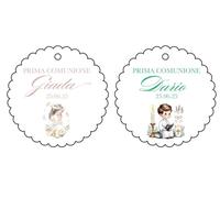 Set 40 Etichette Personalizzate Comunione, Battesimo, Matrimonio, Promessa, Laurea, Compleanno - Cartoncino Martellato Bianco 5x5 cm - Nome, Data, Grafica - Bomboniere, Segnaposto, Regali.