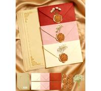 Set 40 Pezzi Carta da Lettere con Busta, con 20 Pergamena Scrivere, 6 Buste Lettera & Sigillo Ceralacca Oro rosa, 8 Fiori Secchi Decorativi, per Love Letter Partecipazioni Matrimonio Inviti Compleanno