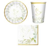Set 40 pezzi - Coordinato tavola CONFIRMATION - Prima Comunione, Confessione, Pasqua, con stampa Colomba e fiori - Bianco e Oro lucido - decoro buffet feste - 12 piatti + 12 Bicchieri + 16 tovaglioli
