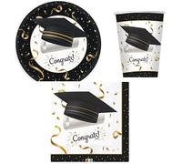 Set 40 pezzi - Kit Coordinato tavola LAUREA - Colore Bianco e Nero con stampa tocco e pergamena - decoro buffet feste - 12 piatti + 12 Bicchieri + 16 tovaglioli