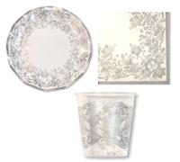 Set 40 pz Coordinato - NOBLESSE SILVER - addobbo decoro tavola feste di compleanno, natale, matrimonio, 25° anniversario, nozze, capodanno, party ecc. - Bianco con trama FIORI argento