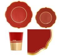 Set 40 pz - Kit Coordinato tavola natale LIBERTY ROSSO con bordo ORO lucido - decoro feste, compleanno, Natale, Capodanno - 8 piatti 27cm + 8 piatti 21 cm + 8 Bicchieri + 16 tovaglioli