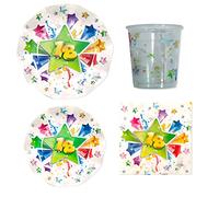 Set 44 pezzi - Kit Coordinato tavola 18 ANNI stelle - Bianco con stelle colorate - decoro buffet feste - 16 piatti + 8 Bicchieri + 20 tovaglioli