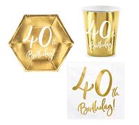 Set 44 pezzi - Kit Coordinato tavola 40 Anni - Colore Oro Lucido - Cinquantesimo Compleanno - decoro buffet feste - 12 piatti + 12 Bicchieri + 20 tovaglioli