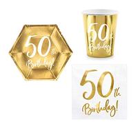 Set 44 pezzi - Kit Coordinato tavola 50 Anni - Colore Oro Lucido - Cinquantesimo Compleanno - decoro buffet feste - 12 piatti + 12 Bicchieri + 20 tovaglioli
