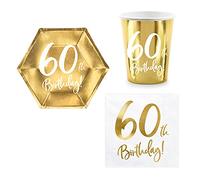Set 44 pezzi - Kit Coordinato tavola 60 Anni - Colore Oro Lucido - Sessantesimo Compleanno - decoro buffet feste - 12 piatti + 12 Bicchieri + 20 tovaglioli