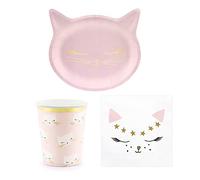 Set 44 pezzi - Kit Coordinato tavola Gatti gatto gattino ROSA e Oro - ideale per 12 Ospiti - decoro buffet feste compleanno Bimba Bambina bambini - 12 piatti + 12 Bicchieri + 20 tovaglioli