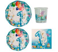 Set 44 pezzi - Kit Coordinato tavola Primo Compleanno CELESTE con conigli coniglietti e palloncini - 1° Compleanno bambino bimbo - decoro buffet feste - 16 piatti + 8 Bicchieri + 20 tovaglioli