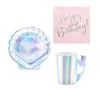 Set 44 pezzi - Kit Coordinato tavola SIRENETTA Sirena Conchiglia - Colore IRIDESCENTE - decoro buffet feste, compleanno bambini - 12 piatti + 12 Bicchieri + 20 tovaglioli