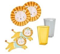 Set 48 pezzi - Kit Coordinato tavola LEONE leoncino - ideale per 12 Ospiti - decoro buffet feste compleanno Bimba Bambina bambini - 12 piatti + 16 Bicchieri + 20 tovaglioli