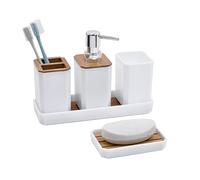 Set 5 accessori da bagno completi con dispenser sapone, porta spazzolino, bicchieri, vassoio da trucco e organizzatori, set moderno per riporre oggetti da bagno