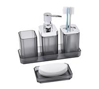 Set 5 accessori da bagno completi con dispenser sapone, porta spazzolino, bicchieri, vassoio da trucco e organizzatori, set moderno per riporre oggetti da bagno