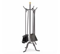 Set 5 Accessori Da Camino in Ferro Battuto 55 cm - Supporto Portautensili con Attizzatoio, Paletta Pinza e Spazzola con Manici Curvi e Pomello in Ottone, Attizzatoio per Caminetto Resistenti al Calore