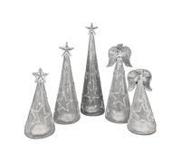 Set 5 Alberelli in Vetro Decorati Colore Argento Con luci Angeli e Stelle
