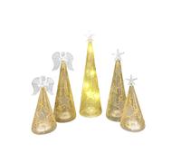 Set 5 Alberelli in Vetro Decorati Colore Oro Con luci Angeli e Stelle Omniacasa
