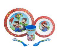 Set 5 pezzi bambini Nintendo Super Mario, senza BPA, con piatto fondo, piatto piano, bicchiere e posate, lavabili e riutilizzabili