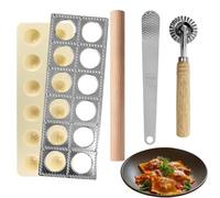 Set 5 Pezzi per Ravioli, Stampo per 12 Pezzi, con Mattarello in Legno, Tagliapasta, Spatola e Stampo in Alluminio Antiaderente per Pasta Fresca, Gyoza, Pelmeni, Ravioli e Fagottini