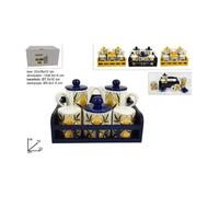 SET 5 PZ MENAGE IN CERAMICA DECORATA FANTASIA MAIOLICA CON ESPOSITORE SUPPORTO