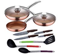 Set 5pz padelle (con coperchio) in alluminio stampato ad induzione con Set 3pz utensili da cucina nylon con Set 4pz coltelli inox