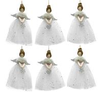 Set 6 angelo con ali pelliccia vestito in tulle bianco argento albero di natale