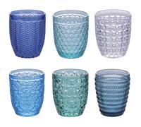 Bicchieri ACQUA set 6 in Vetro Superficie Lavorata A rilievo GEOMETRIE , diametro 8,5 x h 9 cm 350 Ml colore multicolor