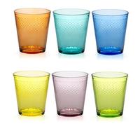 Set 6 Bicchieri in Vetro Colorato Arcobaleno 35cl Tumbler per Acqua e Bibite con Texture a Rilievo Design Moderno Confezione Multicolore per Casa Bar e Ristorazione Professionale.