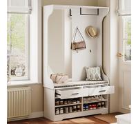 Set 6 in 1 di Armadio d'ingresso Spogliatoio, con Panca Scarpe, 4 Ganci, 2 Cassetti, Mensola Aperta, Porta Cappotto con Specchio, Armadio d'ingresso per Corridoio, Camera da letto 100x35x180 (Bianco-a