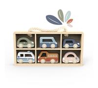 Speedy Monkey Set di 6 auto con cassetta da 29,6 x 3,5 x 16 cm, giocattolo in legno per bambini, dettagli curati, ottima idea regalo