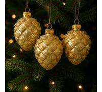 Set 6 Palline di Natale in Vetro Forma di Pigna Finitura Lucida, Opaca e Glitterata Decorazioni Eleganti per Albero di Natale Colore Perla 5cm - Varzi dal 1956