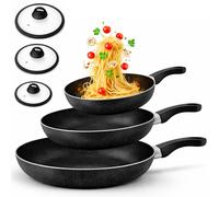 BAKAJI Set 6 Pezzi Padelle in Alluminio con Coperchio in Vetro, Adatto ad Ogni Tipo di Piano Cottura, Pentola Antigraffio, Padella con Manico Ergonomico per Cucinare in Maniera Sana (Nero)