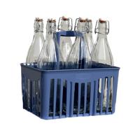 SET 6 PZ BOTTIGLIE VETRO 1 LITRO PER ACQUA VINO LIMONCELLO LIQUORE DRINK CON PORTABOTTIGLIE IN PLASTICA - BOTTIGLIE ACQUA IN VETRO 1 L CON CESTELLO PORTABOTTIGLIE PLASTICA BLU COBALTO