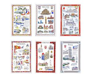 Set 6 Strofinacci Canovacci Souvenir Italiani, Tessuto Tela Cotone, da regalare, Utile in Cucina, asciuga, Made in Italy, città italiane Pisa Firenze Milano Napoli Roma, Eco-friendly, tessuti per casa
