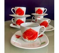 set 6 tazzine caffè porcellana con piatto decoro Rosa rossa, tazzina rotonda, piattino quadrato, linea classica