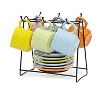 Set 6 Tazzine da Caffè Espresso in Ceramica Stoneware con Piattini e Stand in Metallo Nero Servizio 13 Pezzi Multicolore 7 esign Salvaspazio Moderno per Casa e Ufficio. IDEA REGALO PARTICOLARE