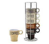 Set 6 Tazzine da Caffè in Ceramica 9cl Con Supporto stand Tazze Impilabili Colori Assortiti con scritta coffee particolari idea regalo casa cucina