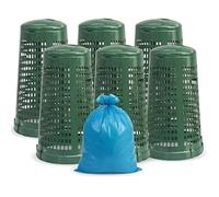 Set 6 Trespolo Porta Sacco 100 Litri Verde Traforato con Coperchio e Fermasacco + 20 Sacchi e 6 Etichette Adesive Bidone Spazzatura per Raccolta Differenziata Giardino Esterno isola ecologica pronta a