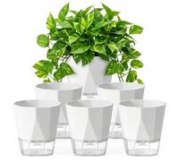 Set 6 vasi con irrigazione automatica, vaso da fiori per interni e balcone | vaso con sistema di irrigazione, bianco 17 x 19 cm, vasi in plastica