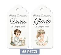 Set 65 Etichette Bomboniere Personalizzate - Nome, Data e Grafica - Ideali per Comunione, Battesimo, Matrimonio, Laurea - 6x3 cm - Made in Italy