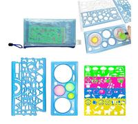 Set 7 Pezzi Normografo e per Bambini, Stencil Lettere e Forme Geometriche con Righelli Disegno Tecnico e Astuccio a Rete, Kit per Scuola, Disegno e Pittura, Blu