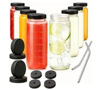 Set 8 Bottiglie in Vetro da 500ml con Coperchi e Cannucce in Vetro - Bottiglie Riutilizzabili Ermetiche per Succo, Smoothie, Latte, Caffè, Bubble Tea e Acqua (Set 8)