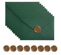 Set 8 Buste Lettere con 8 Sigilli in Ceralacca Oro, Buste per Partecipazioni Matrimonio Eleganti Trama Effetto Lino Verde Scuro, Busta Lettera Regalo per Inviti e Auguri - 16,1x11,3 cm
