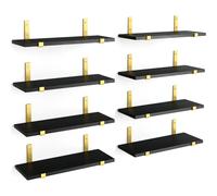 Set 8 Mensole da Parete in Legno Nero e Staffe Oro Scaffalatura da Muro 40x15cm